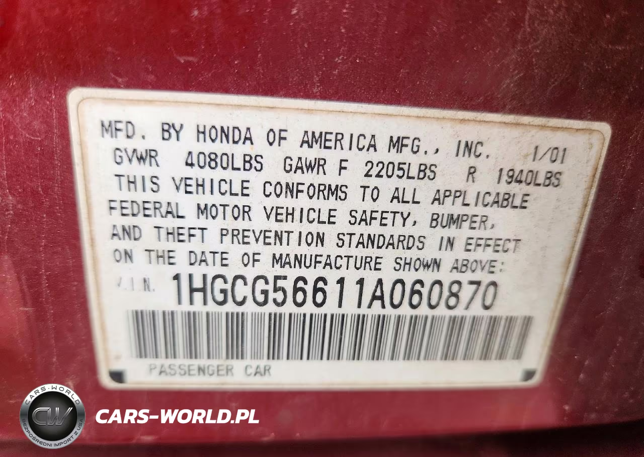 2001 Honda Accord Ex VIN:1HGCG56611A060870 - 12