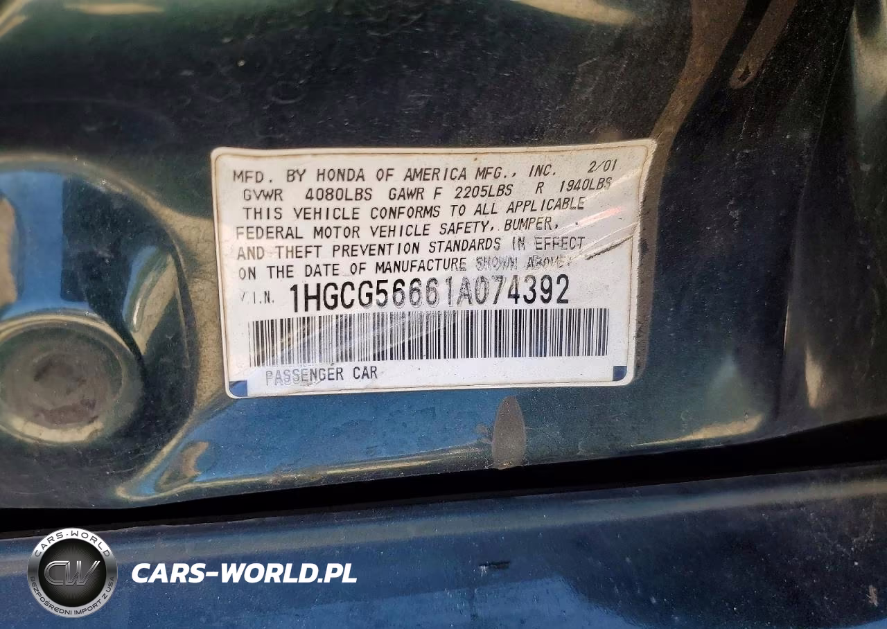 2001 Honda Accord Ex VIN:1HGCG56661A074392 - 12