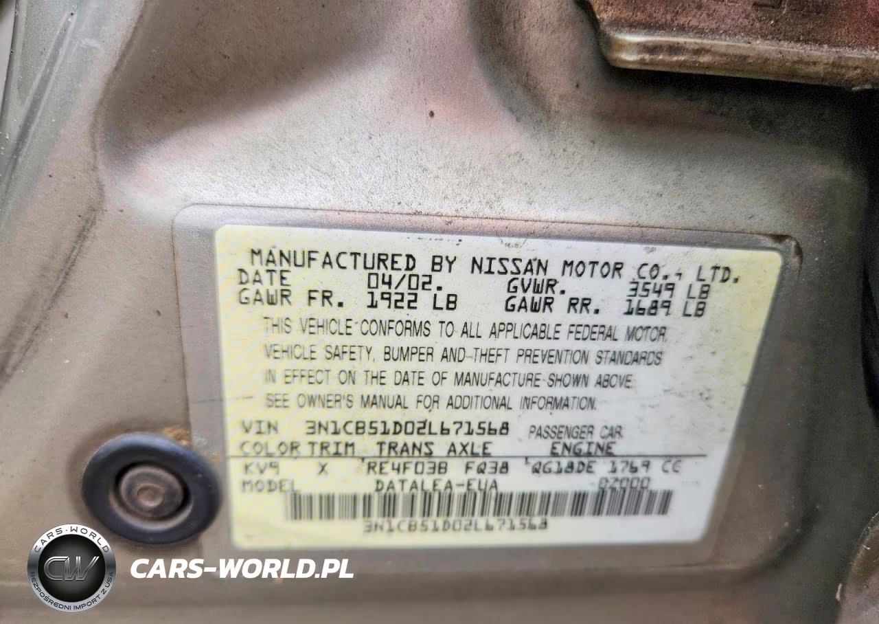 2002 Nissan Sentra Xe VIN:3N1CB51D02L671568 - 13