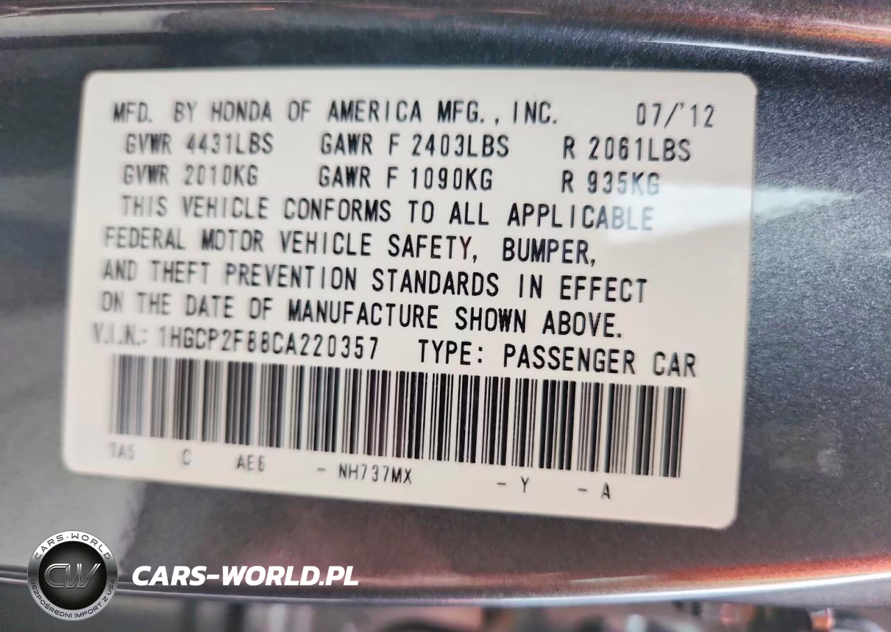 2012 Honda Accord Exl VIN:1HGCP2F88CA220357 - 12