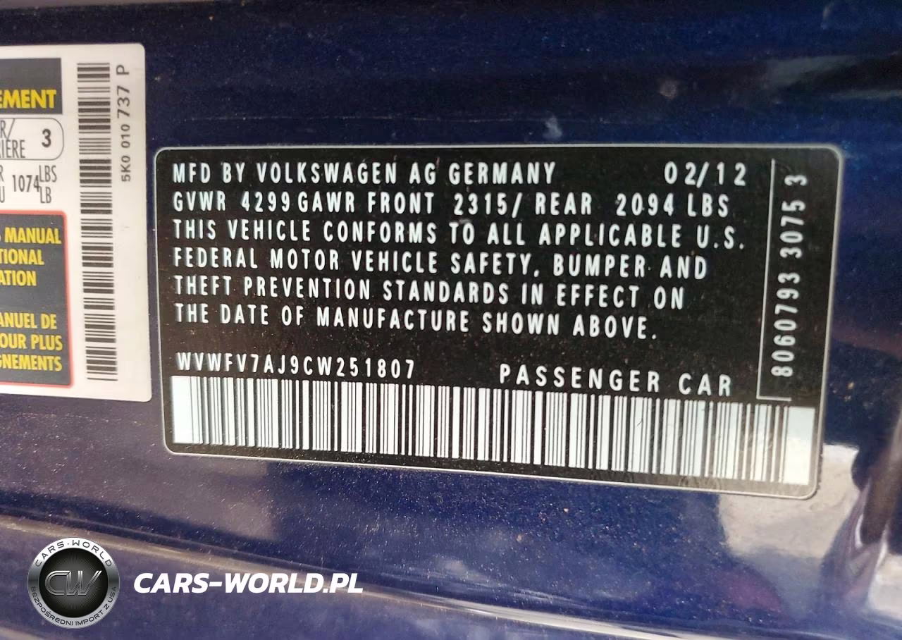 2012 Volkswagen Gti VIN:WVWFV7AJ9CW251807 - 12