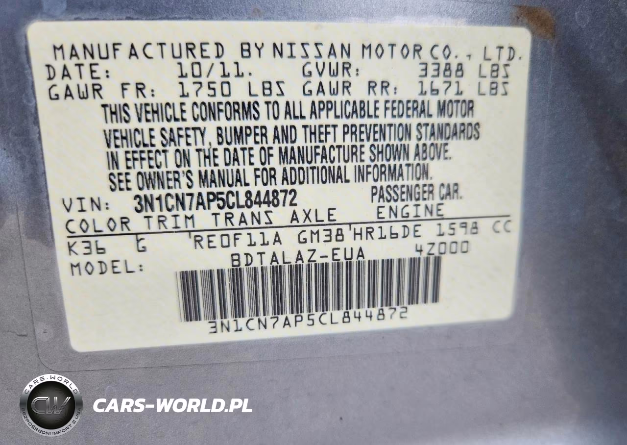 2012 Nissan Versa 1.6 S VIN:3N1CN7AP5CL844872 - 12