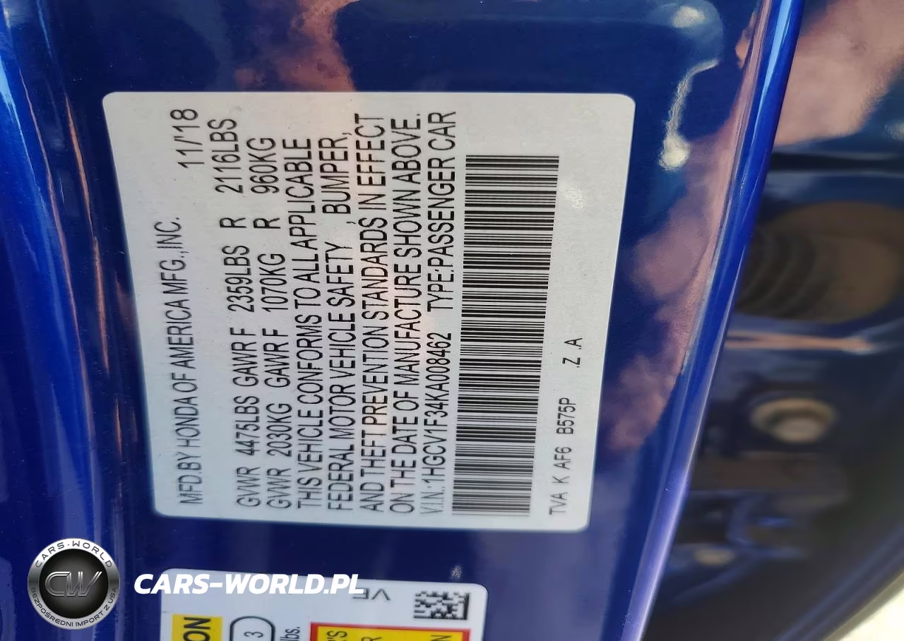 2019 Honda Accord Sport VIN:1HGCV1F34KA008462 - 12
