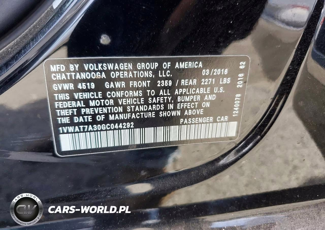 2016 Volkswagen Passat S VIN:1VWAT7A30GC044292 - 12