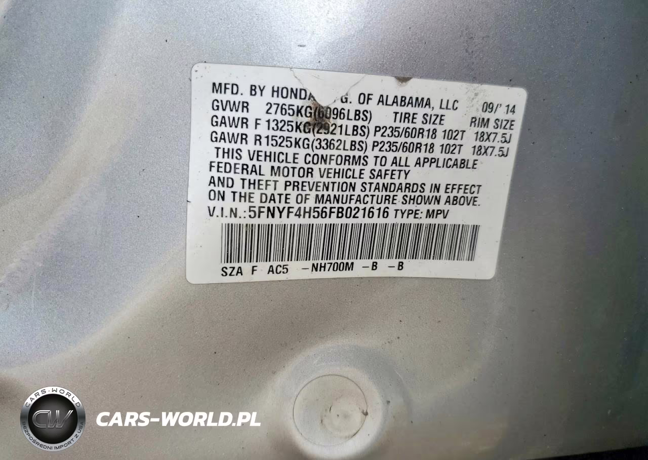 2015 Honda Pilot Exl VIN:5FNYF4H56FB021616 - 13