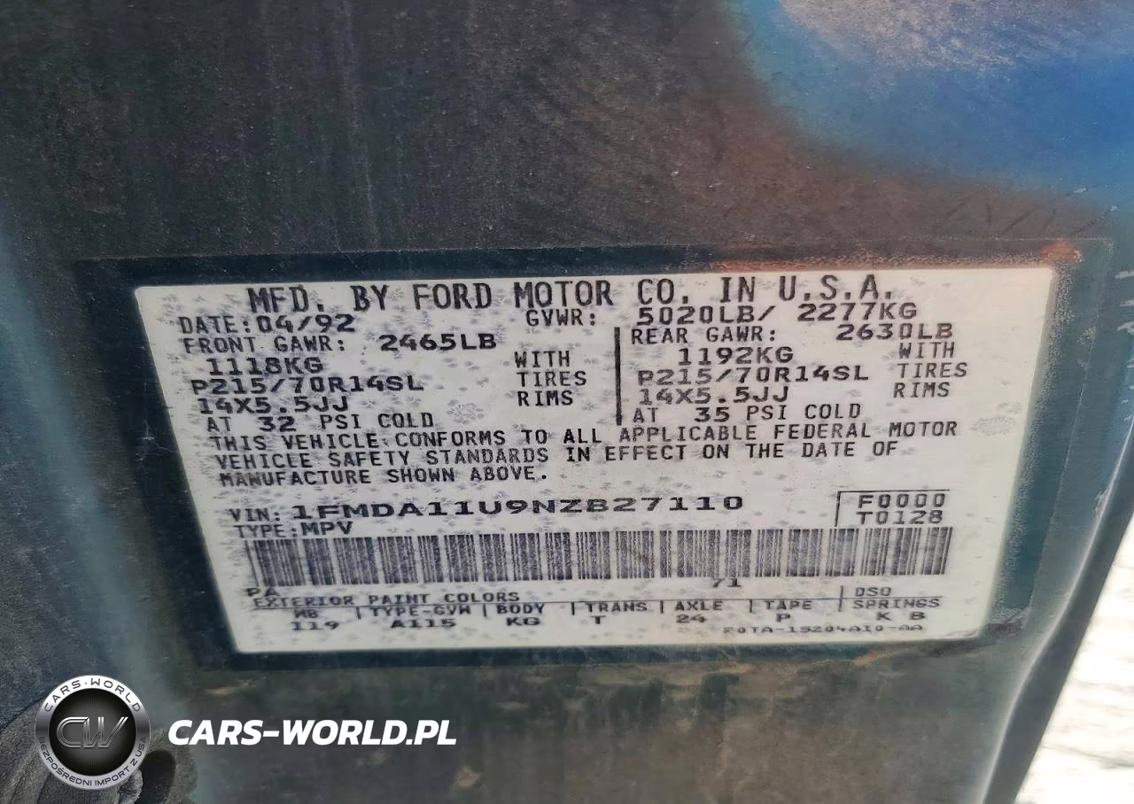 1992 Ford Aerostar VIN:1FMDA11U9NZB27110 - 13