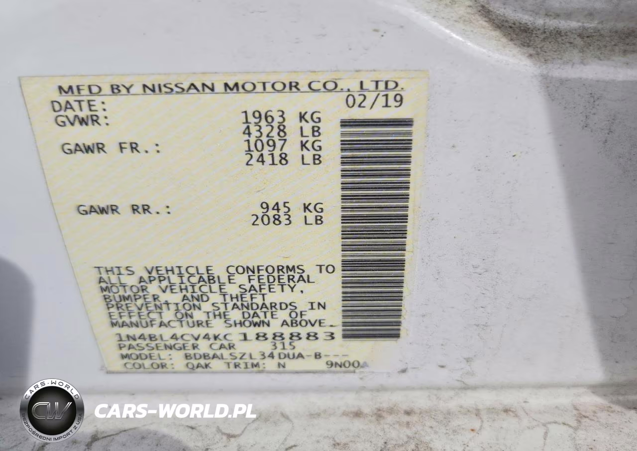 2019 Nissan Altima Sr VIN:1N4BL4CV4KC188883 - 12