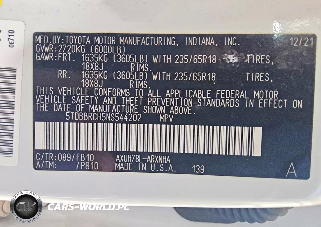2022 Toyota Highlander Hybrid Le VIN:5TDBBRCH5NS544202 - 13