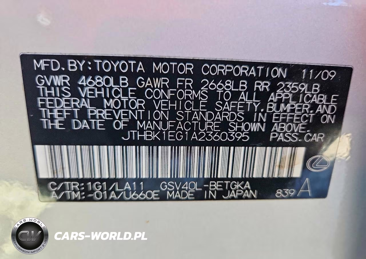 2010 Lexus Es 350 VIN:JTHBK1EG1A2360395 - 12