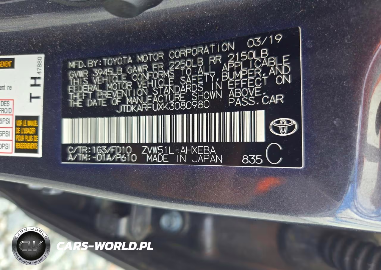 2019 Toyota Prius Le VIN:JTDKARFUXK3080980 - 12