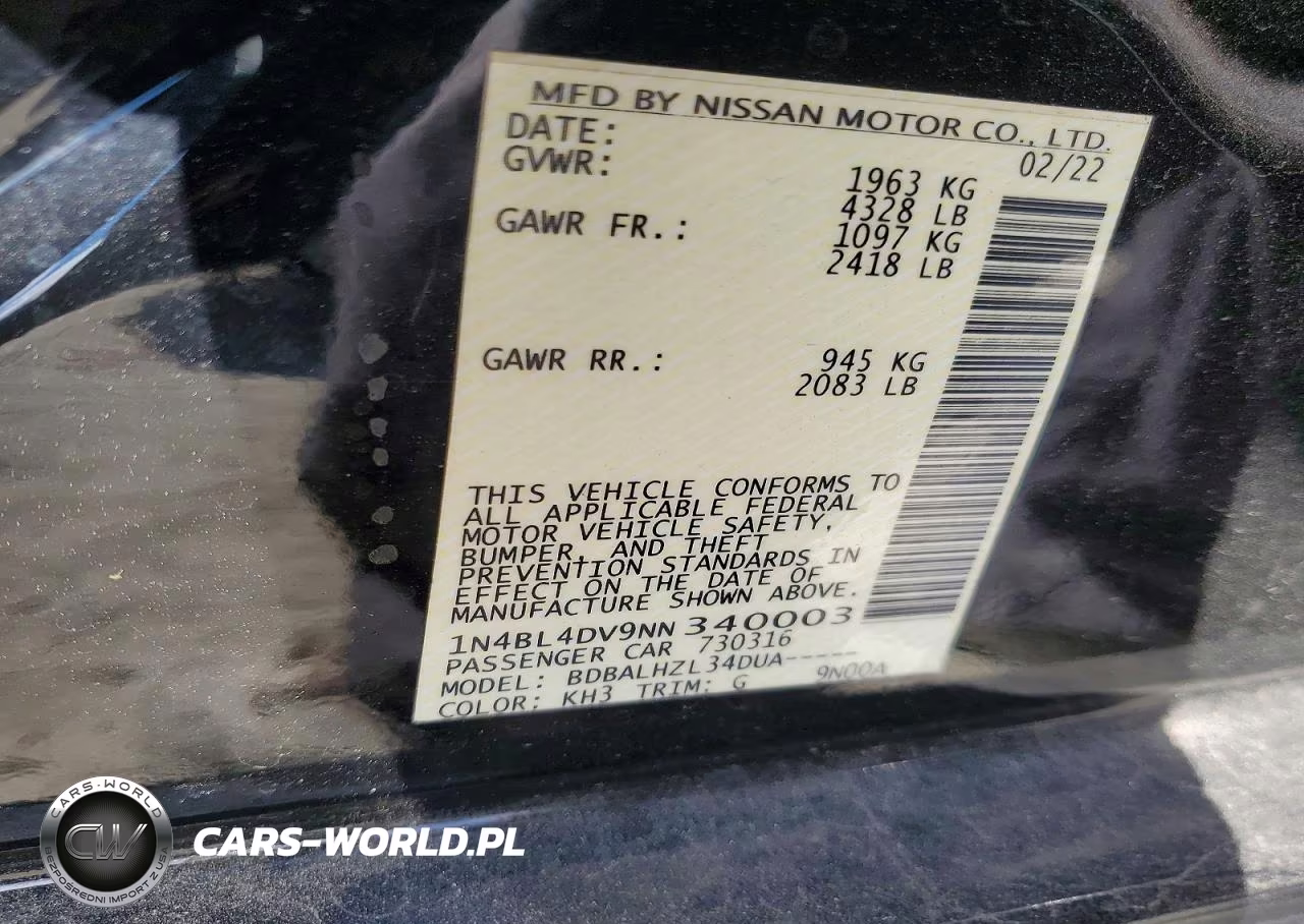 2022 Nissan Altima Sv VIN:1N4BL4DV9NN340003 - 12
