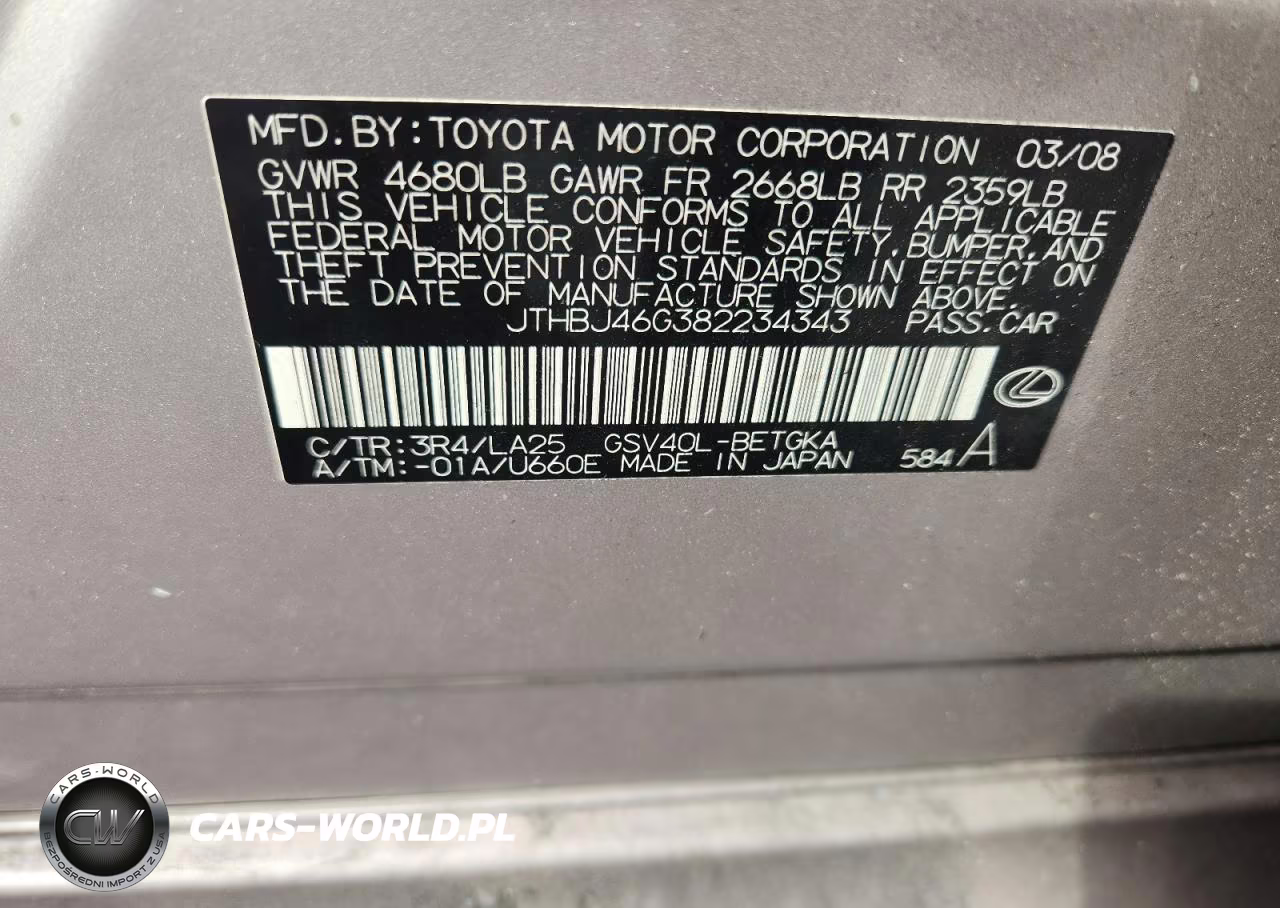 2008 Lexus Es 350 VIN:JTHBJ46G382234343 - 12