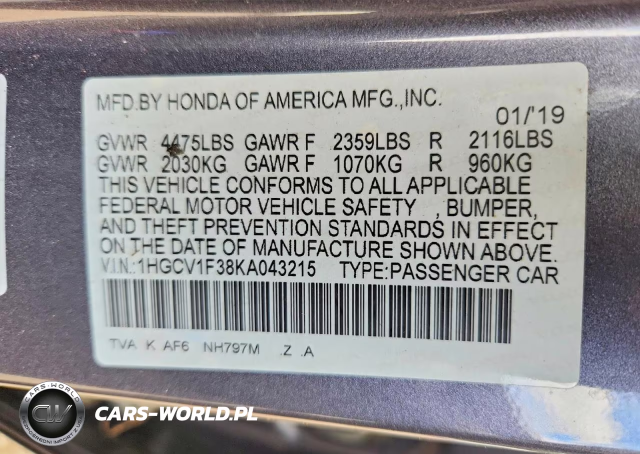 2019 Honda Accord Sport VIN:1HGCV1F38KA043215 - 13