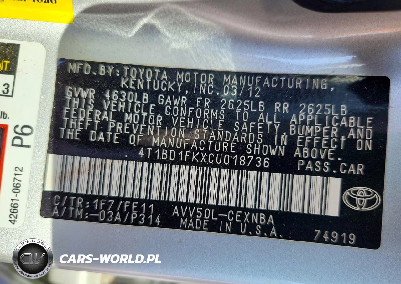 2012 Toyota Camry Hybrid Le VIN:4T1BD1FKXCU018736 - 12