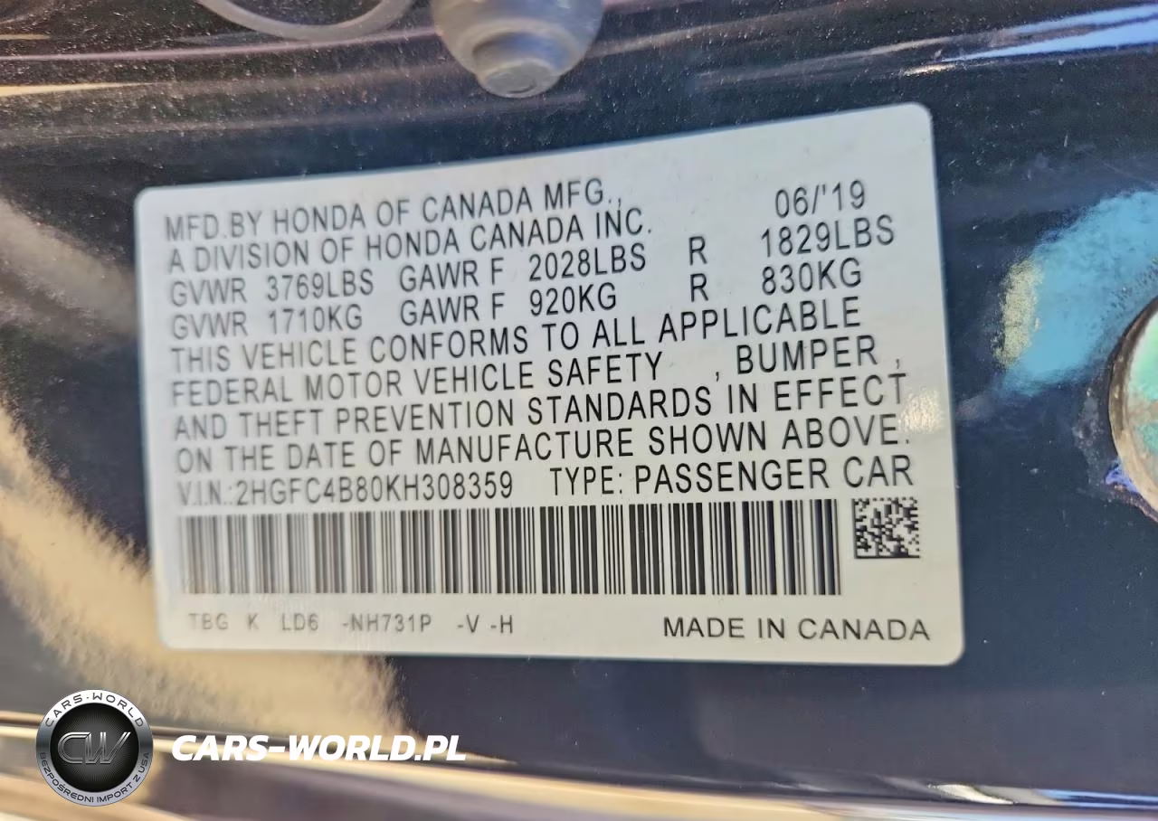 2019 Honda Civic Sport VIN:2HGFC4B80KH308359 - 12