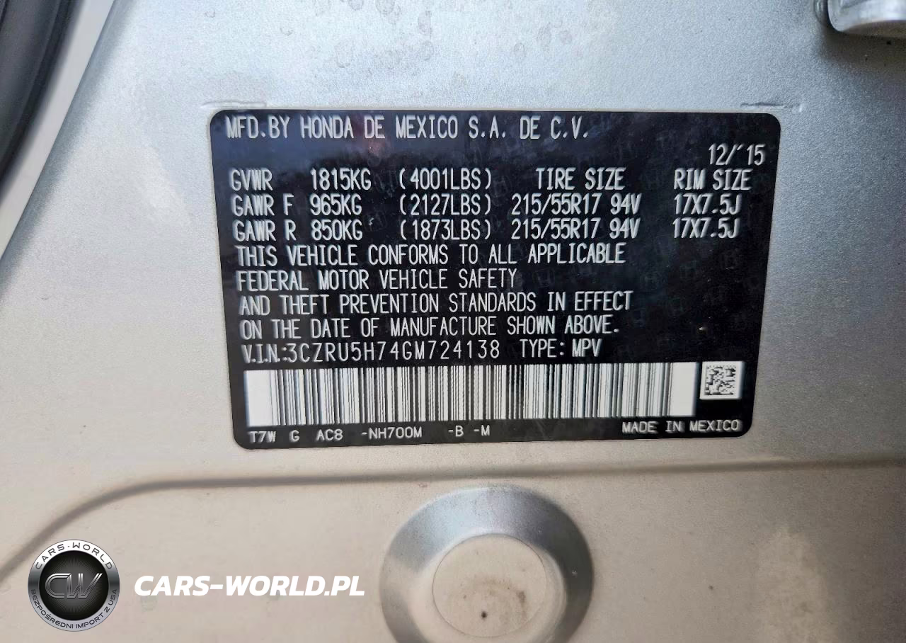 2016 Honda Hr-V Exl VIN:3CZRU5H74GM724138 - 12