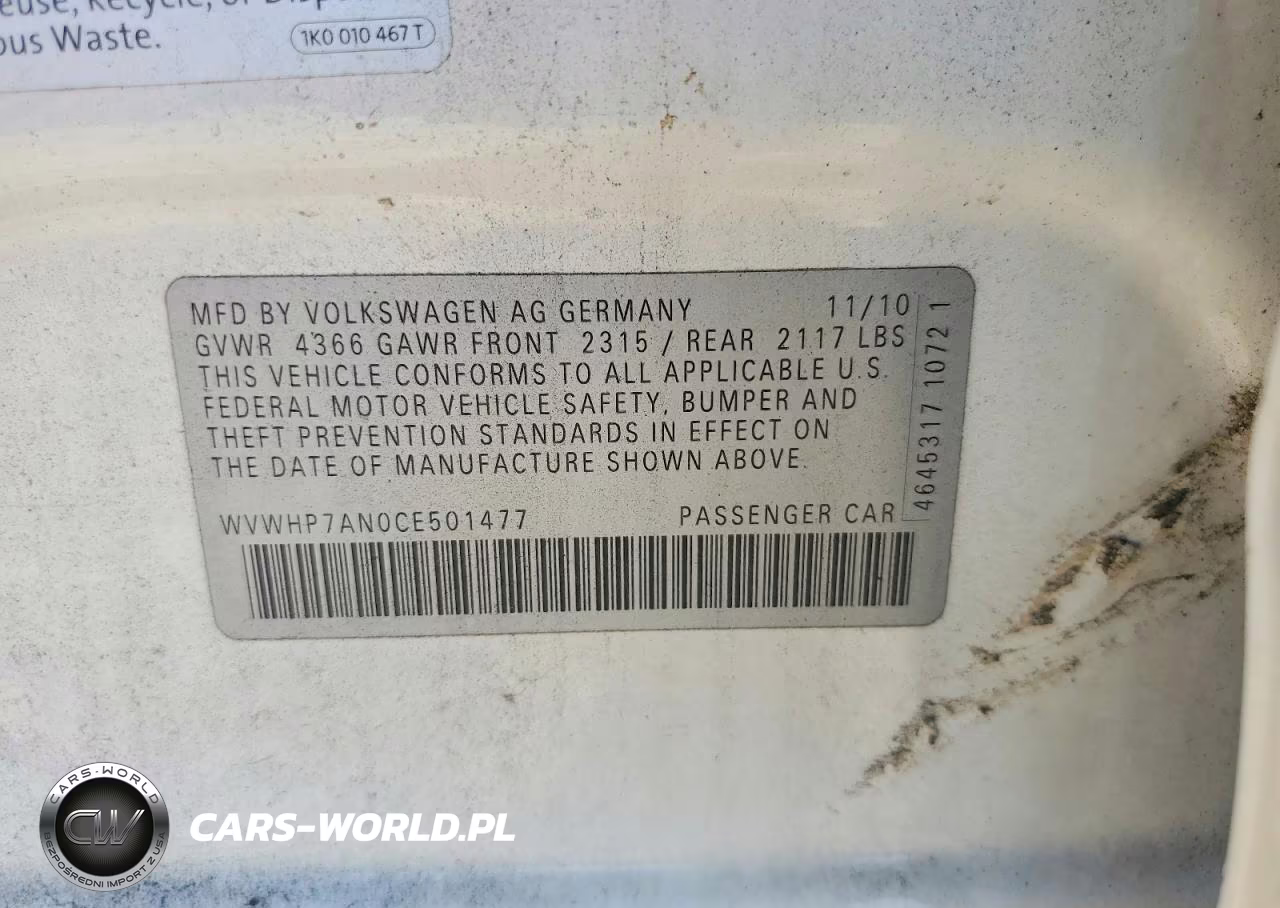 2012 Volkswagen Cc Luxury VIN:WVWHP7AN0CE501477 - 12