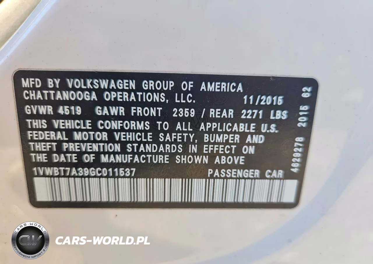 2016 Volkswagen Passat Se VIN:1VWBT7A39GC011537 - 12