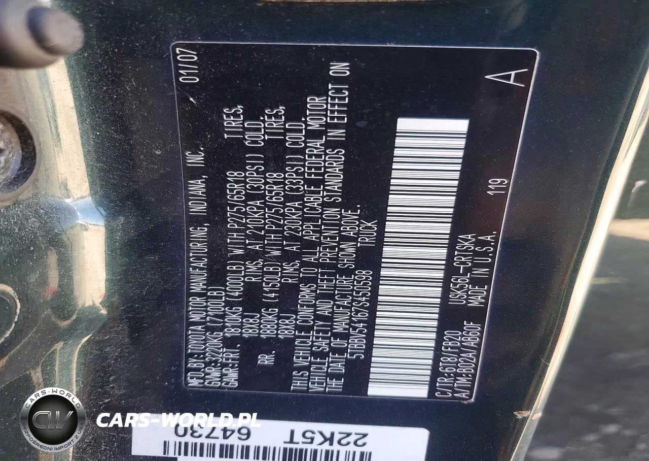 2007 Toyota Tundra Sr5 VIN:5TBBV54167S450598 - 12
