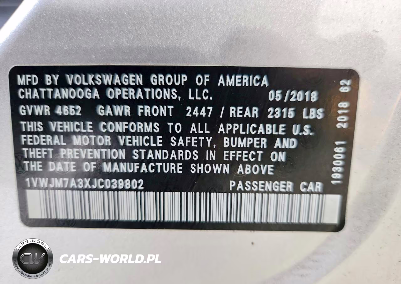 2018 Volkswagen Passat Gt VIN:1VWJM7A3XJC039802 - 12
