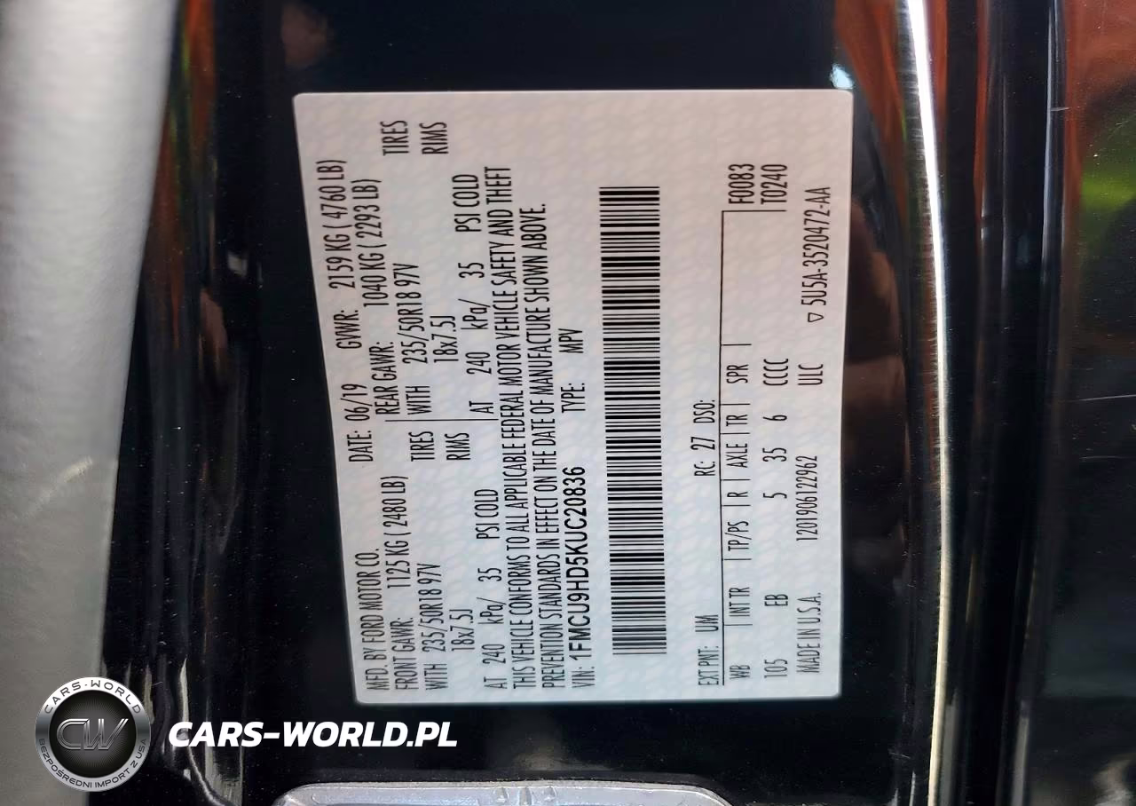2019 Ford Escape Sel VIN:1FMCU9HD5KUC20836 - 13