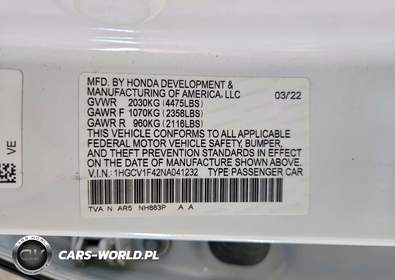 2022 Honda Accord Sport Se VIN:1HGCV1F42NA041232 - 12