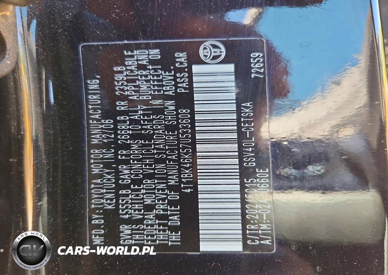 2007 Toyota Camry Se V6 VIN:4T1BK46K57U533608 - 12