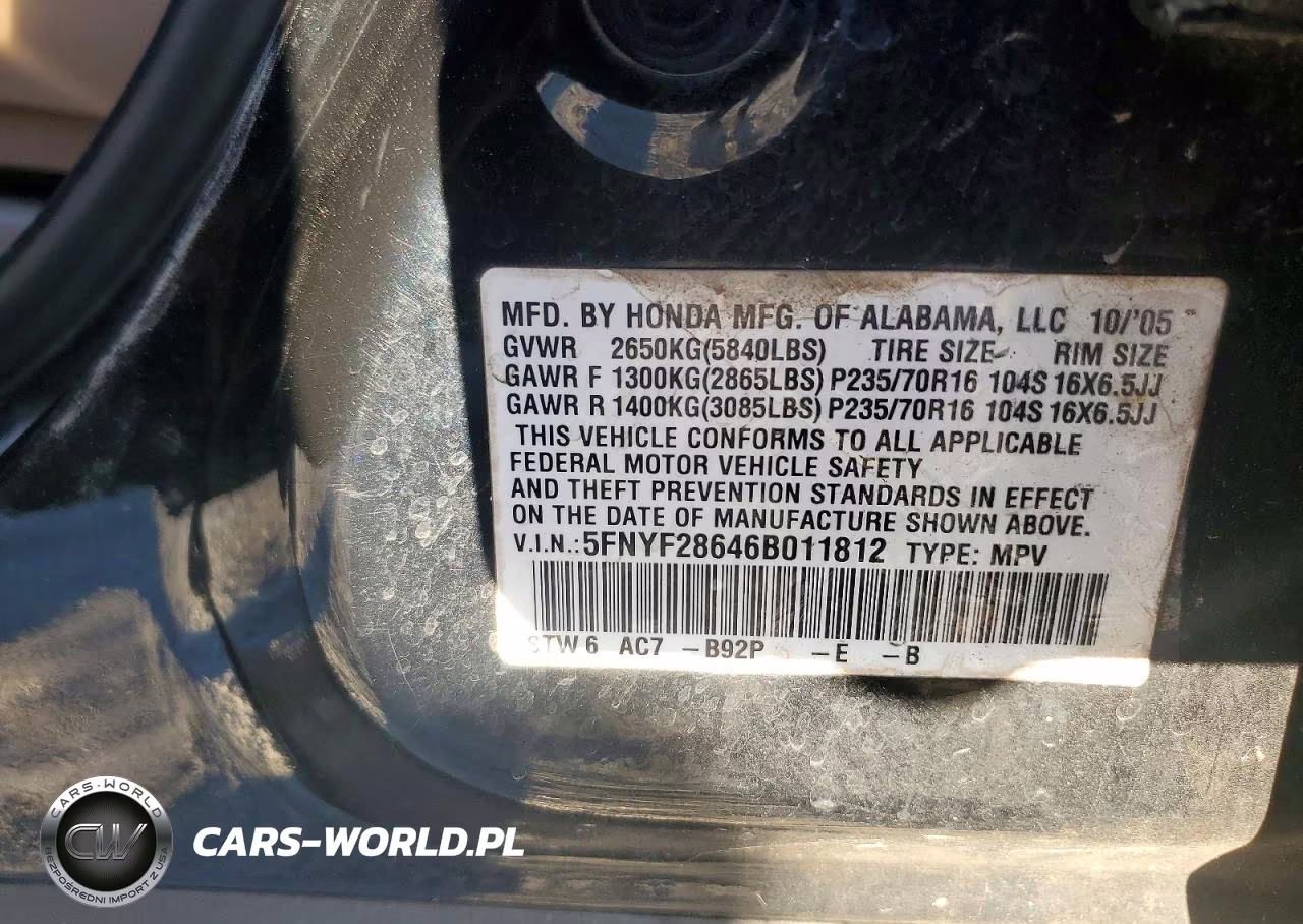 2006 Honda Pilot Ex VIN:5FNYF28646B011812 - 14