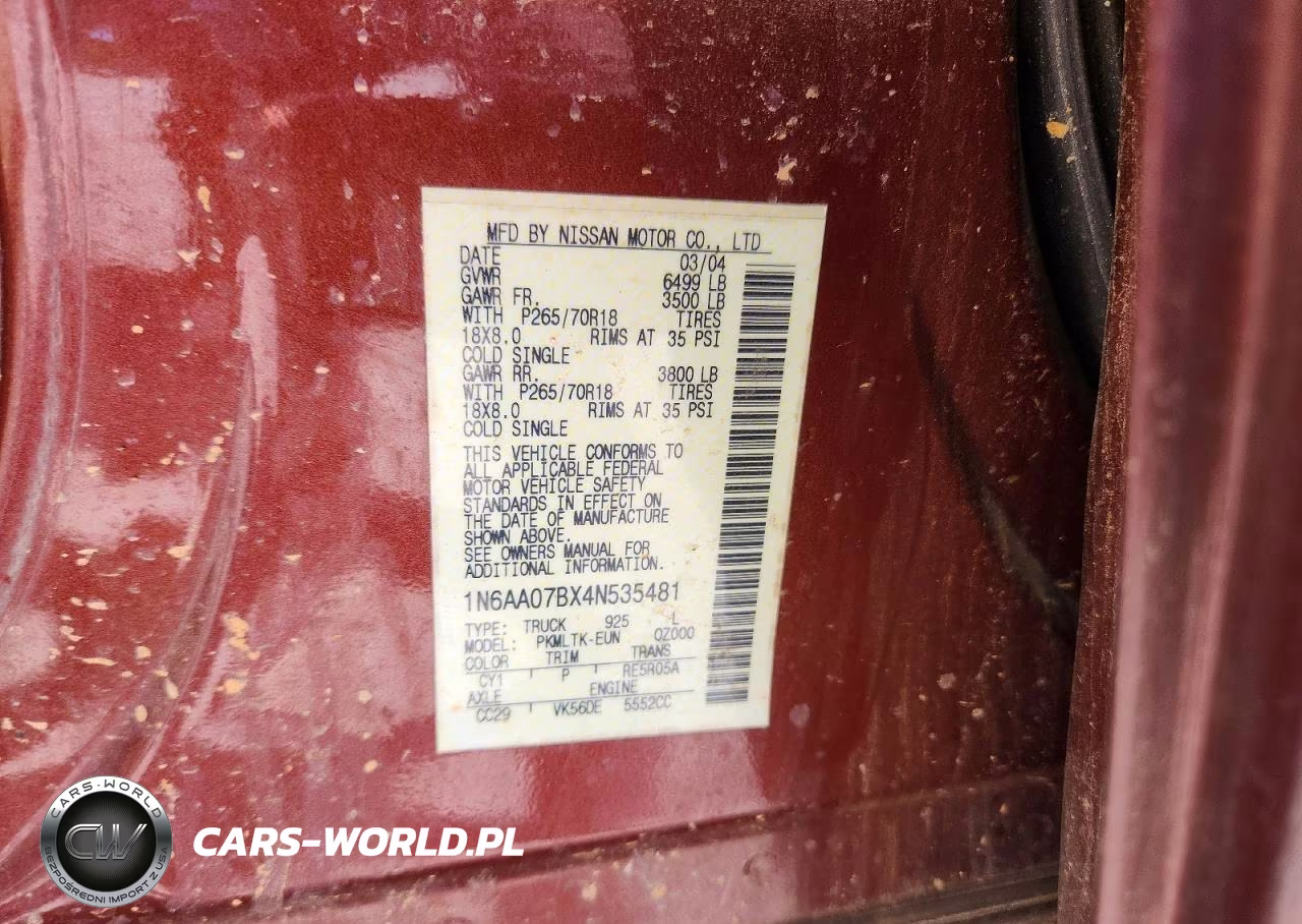 2004 Nissan Titan Xe VIN:1N6AA07BX4N535481 - 12