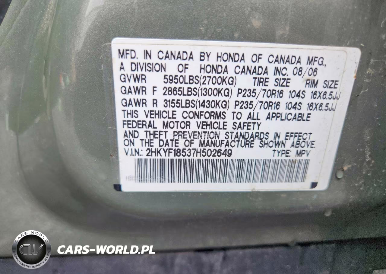 2007 Honda Pilot Exl VIN:2HKYF18537H502649 - 13