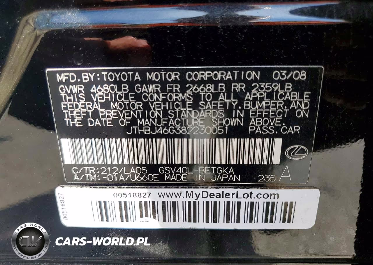 2008 Lexus Es 350 VIN:JTHBJ46G382230051 - 13