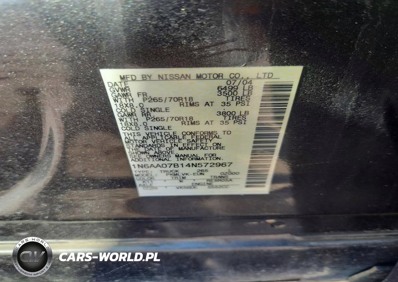 2004 Nissan Titan Xe VIN:1N6AA07B14N572967 - 12