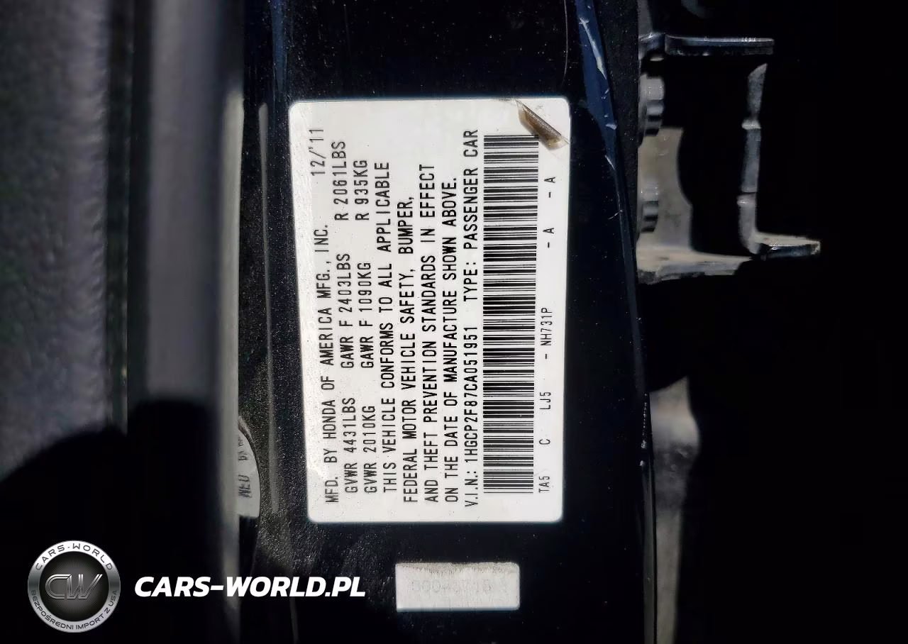 2012 Honda Accord Exl VIN:1HGCP2F87CA051951 - 12