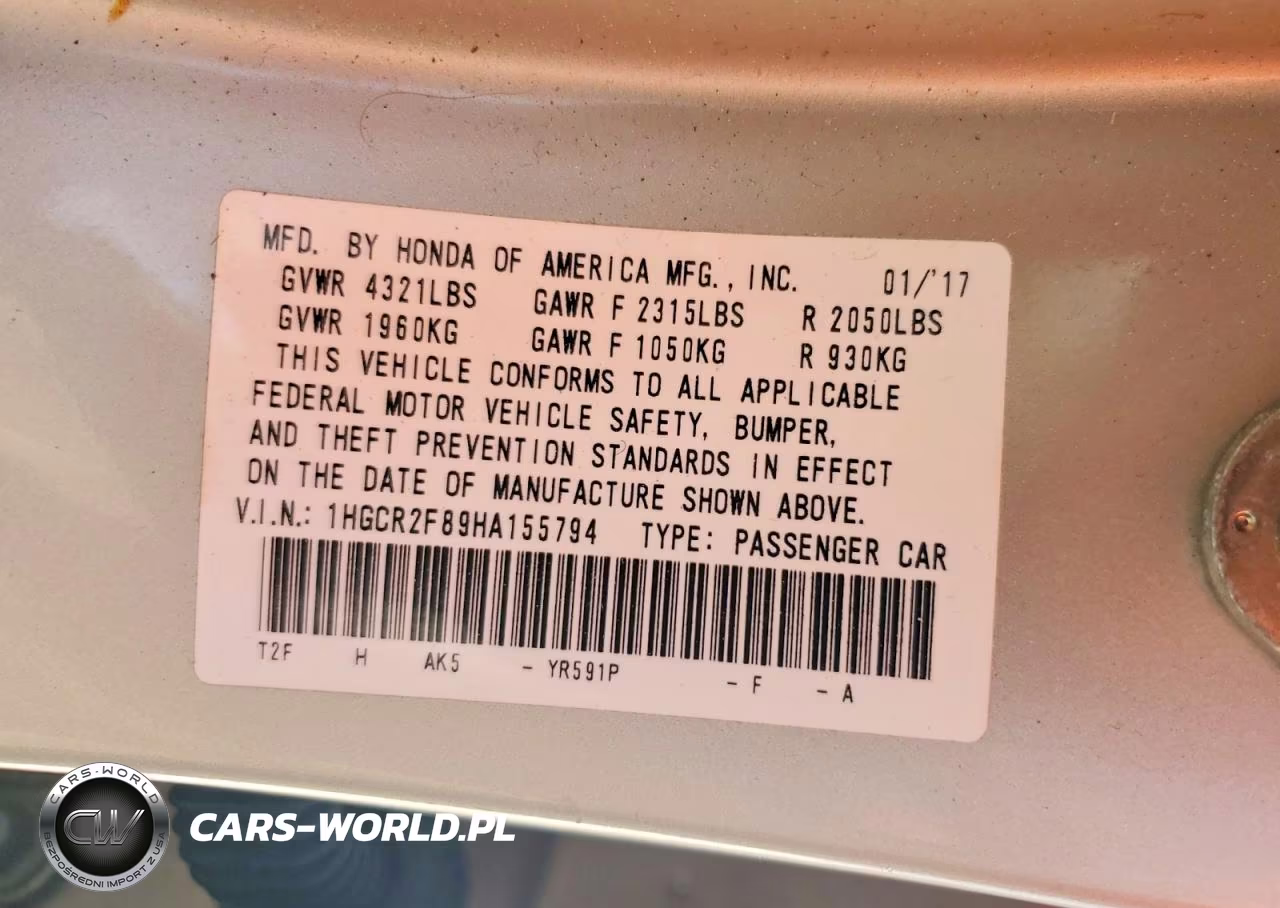2017 Honda Accord Exl VIN:1HGCR2F89HA155794 - 13