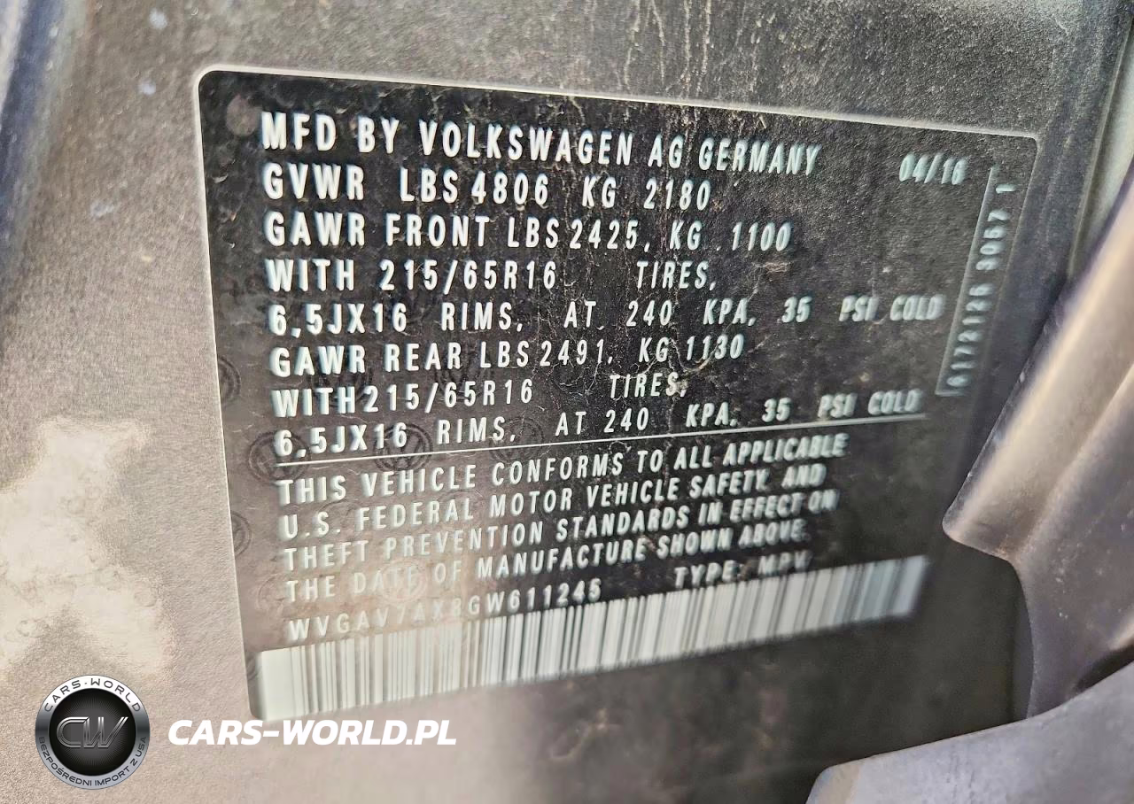 2016 Volkswagen Tiguan S VIN:WVGAV7AX8GW611245 - 12