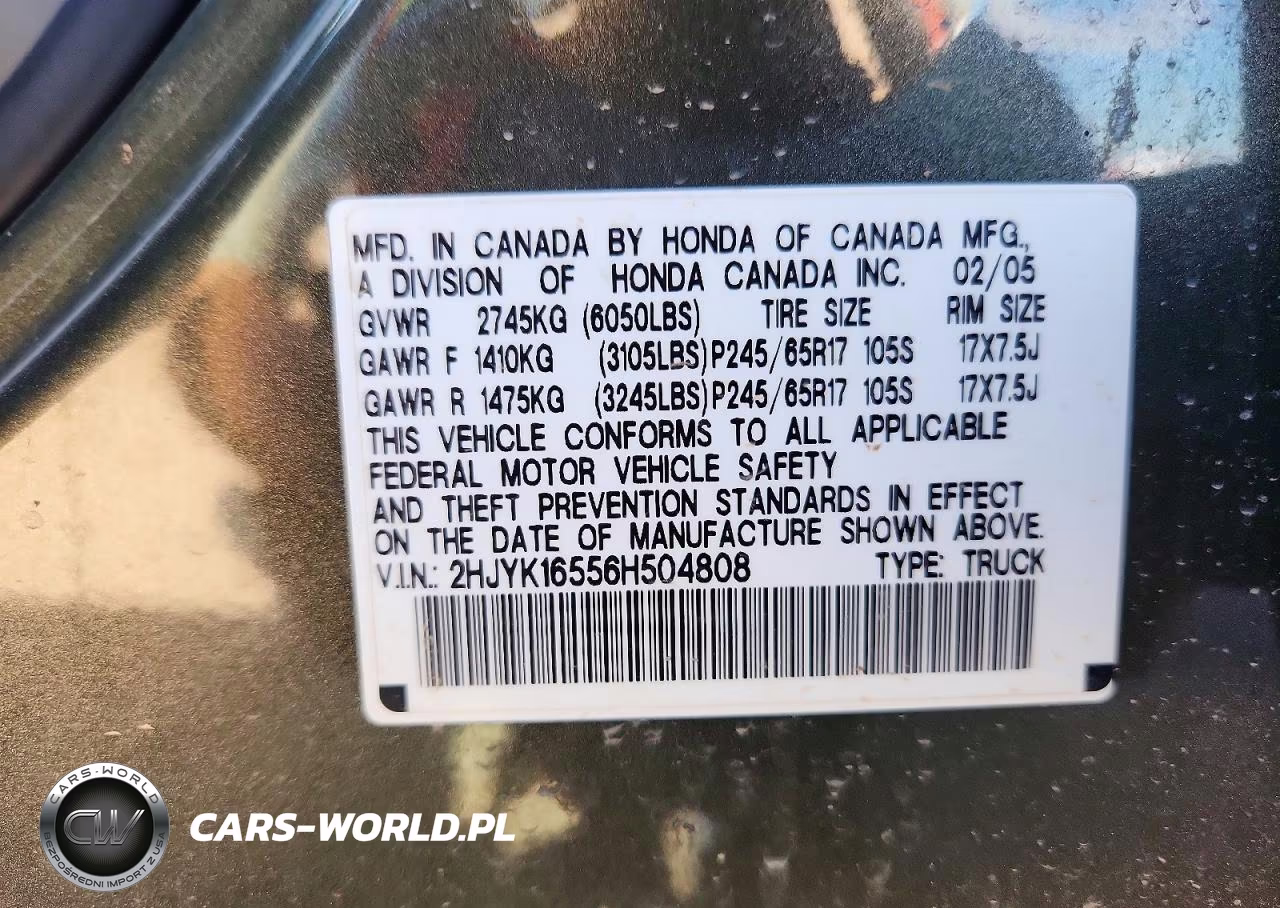 2006 Honda Ridgeline Rtl VIN:2HJYK16556H504808 - 12