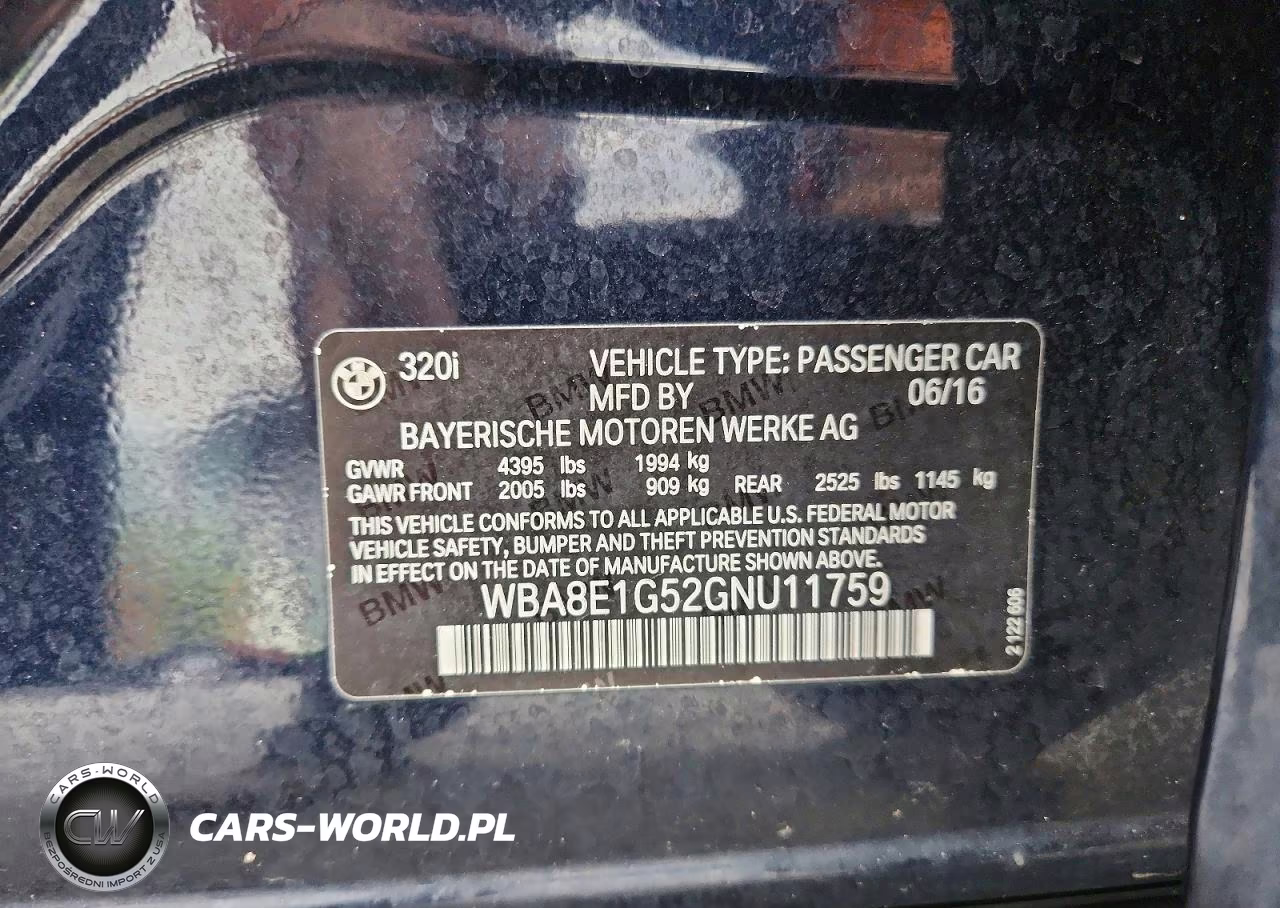 2016 BMW 320 I VIN:WBA8E1G52GNU11759 - 12