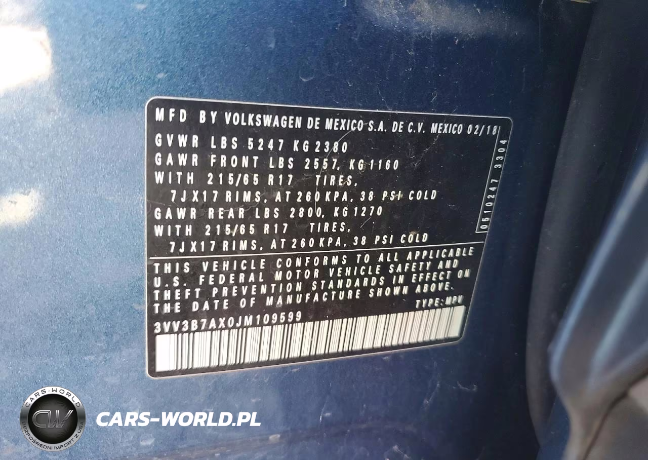 2018 Volkswagen Tiguan Se VIN:3VV3B7AX0JM109599 - 13