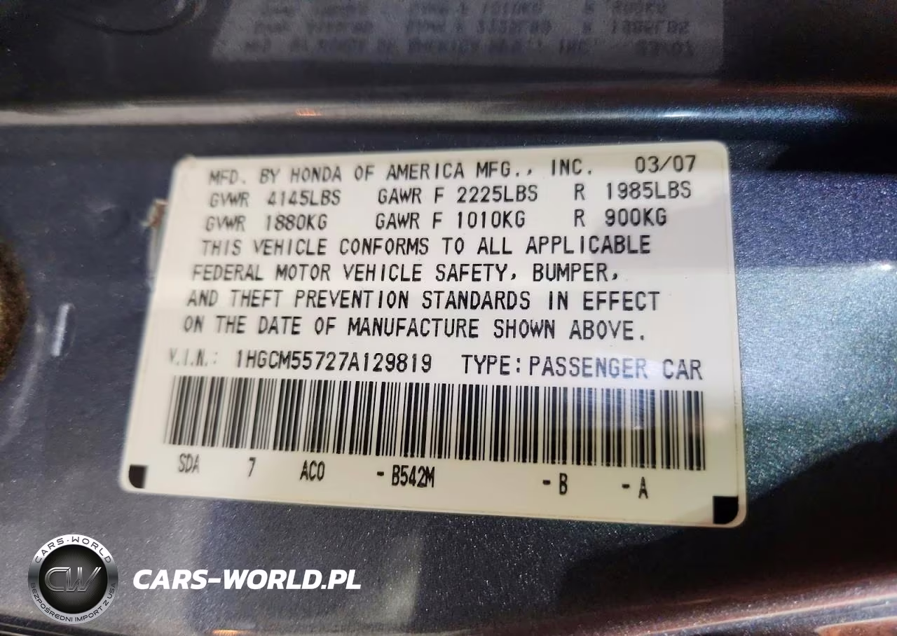 2007 Honda Accord Ex VIN:1HGCM55727A129819 - 13