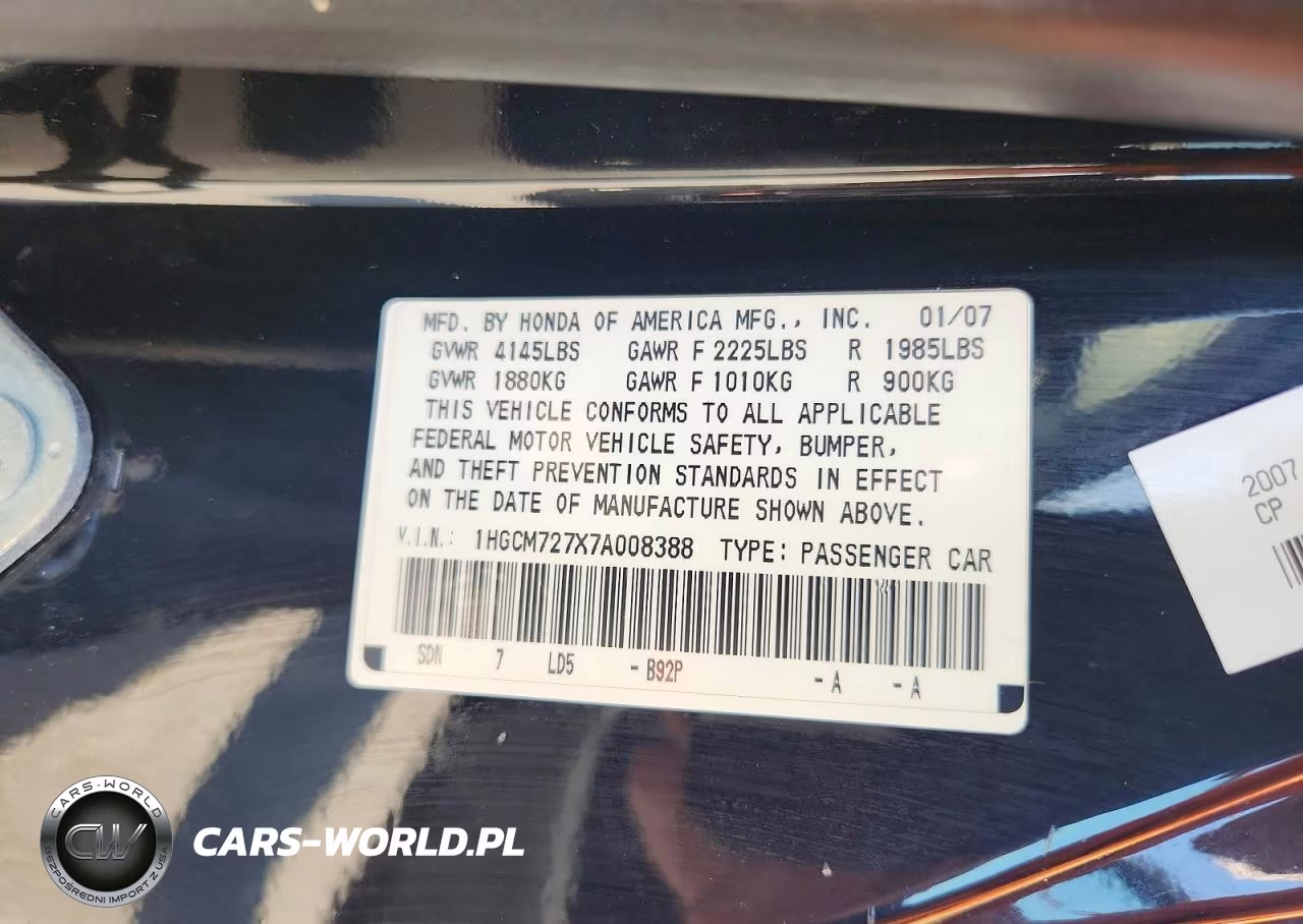 2007 Honda Accord Ex VIN:1HGCM727X7A008388 - 12