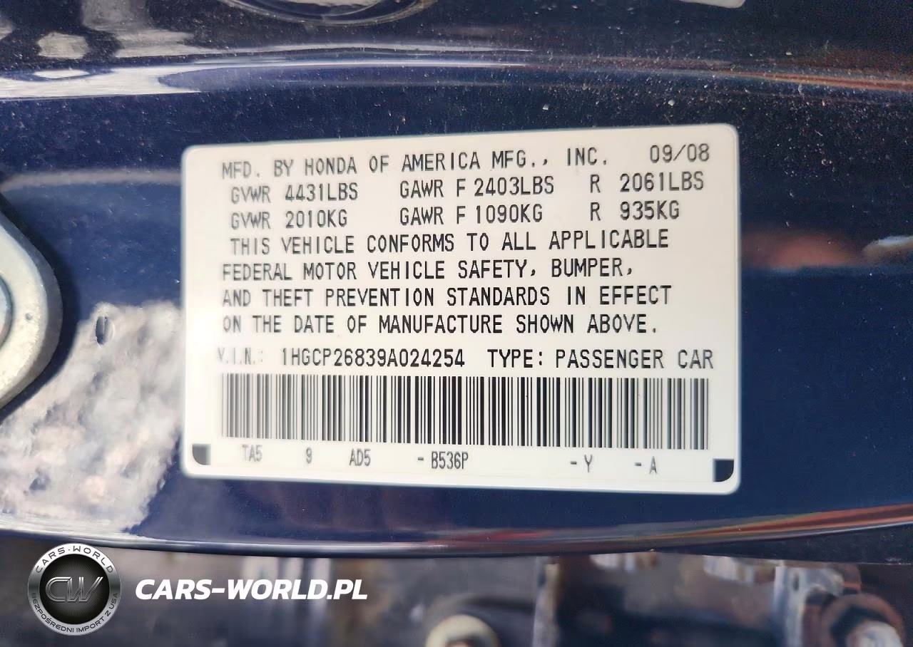 2009 Honda Accord Exl VIN:1HGCP26839A024254 - 12