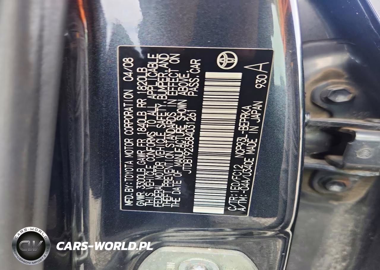 2008 Toyota Yaris Base VIN:JTDBT923584031261 - 12
