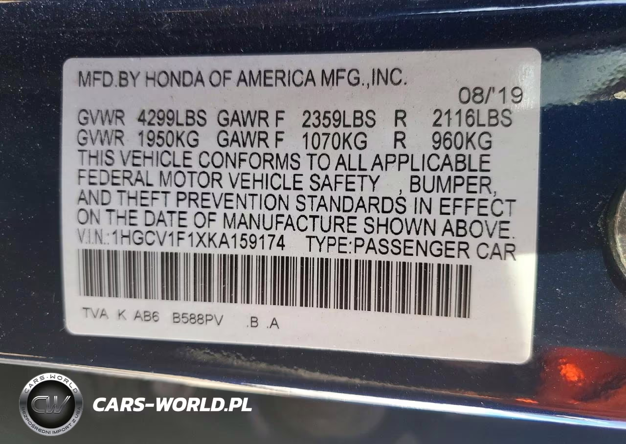 2019 Honda Accord Lx VIN:1HGCV1F1XKA159174 - 13