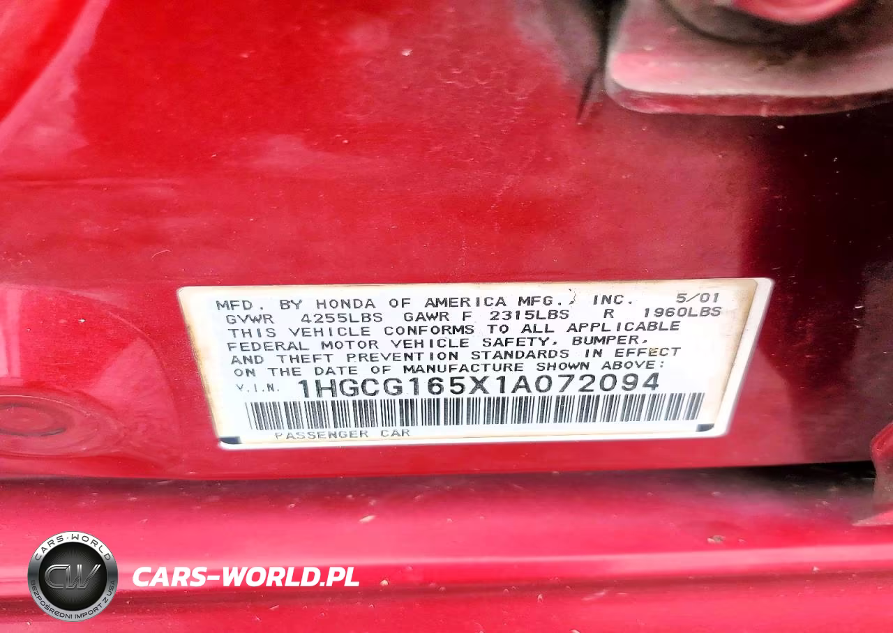 2001 Honda Accord Ex VIN:1HGCG165X1A072094 - 13