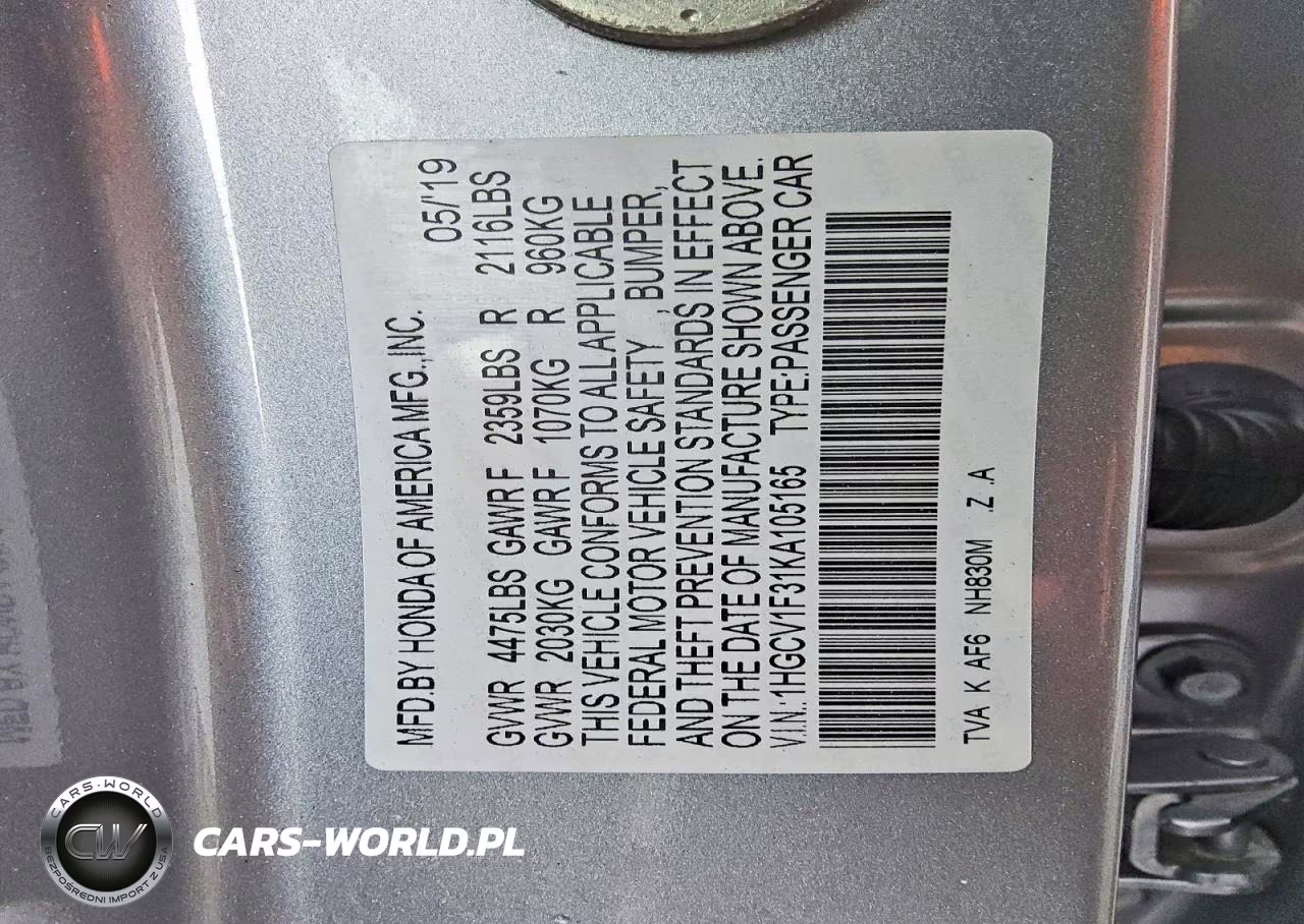 2019 Honda Accord Sport VIN:1HGCV1F31KA105165 - 12