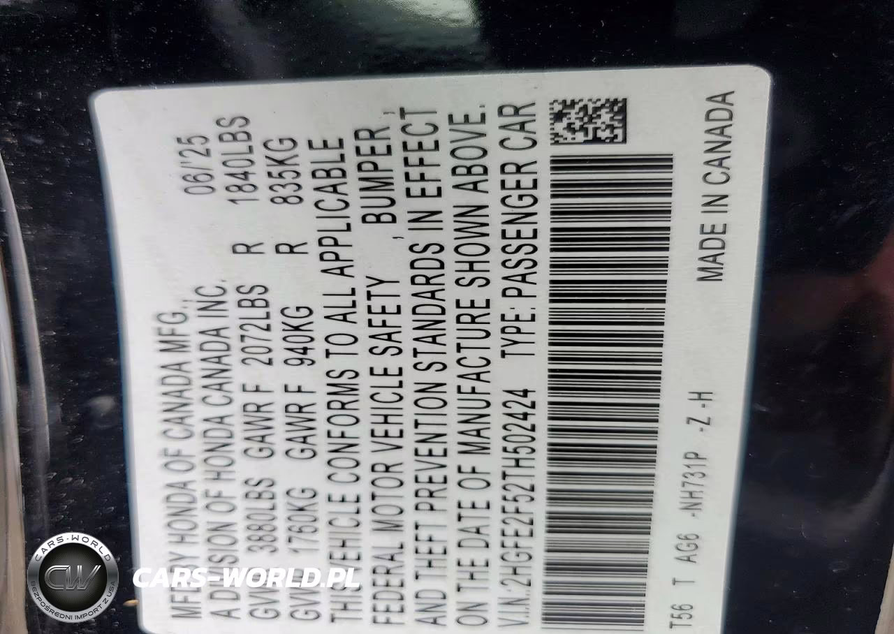 2026 Honda Civic Sport VIN:2HGFE2F52TH502424 - 12