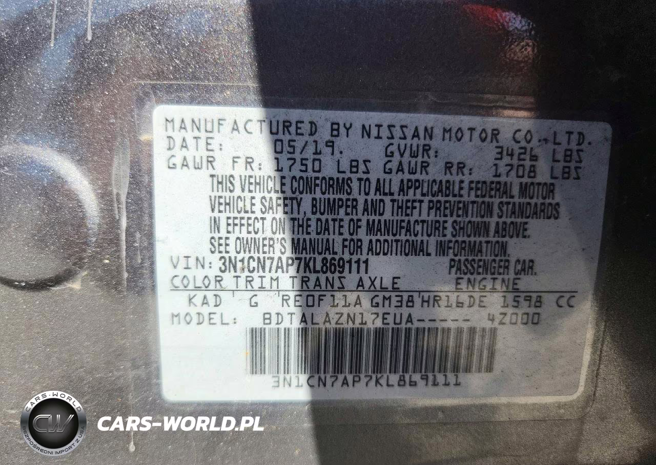 2019 Nissan Versa S Plus VIN:3N1CN7AP7KL869111 - 13