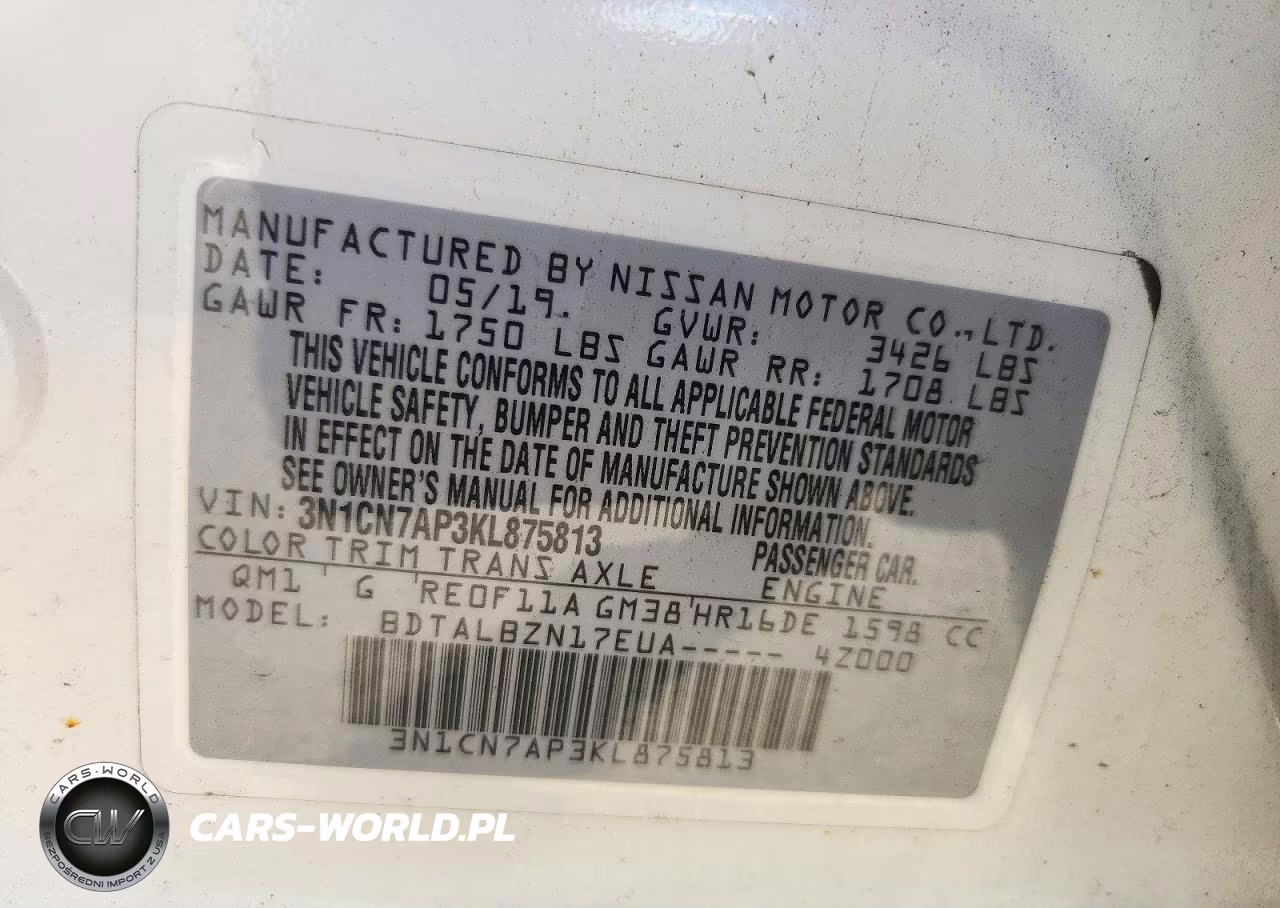 2019 Nissan Versa Sv VIN:3N1CN7AP3KL875813 - 12