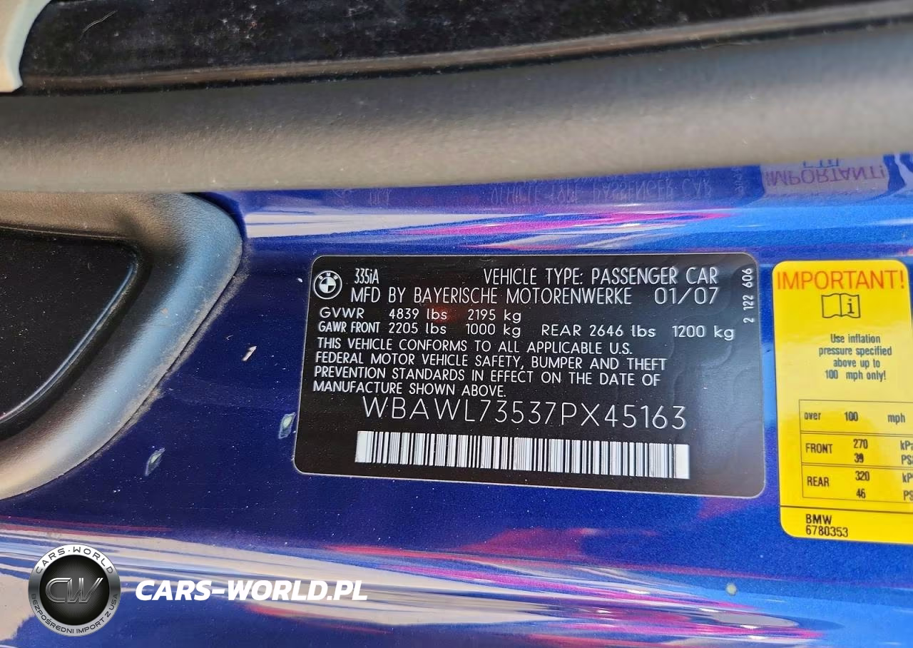 2007 BMW 335 I VIN:WBAWL73537PX45163 - 12