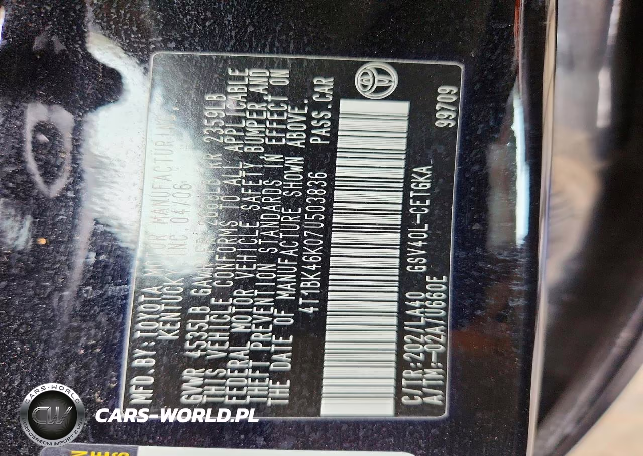 2007 Toyota Camry Xle V6 VIN:4T1BK46K07U503836 - 12